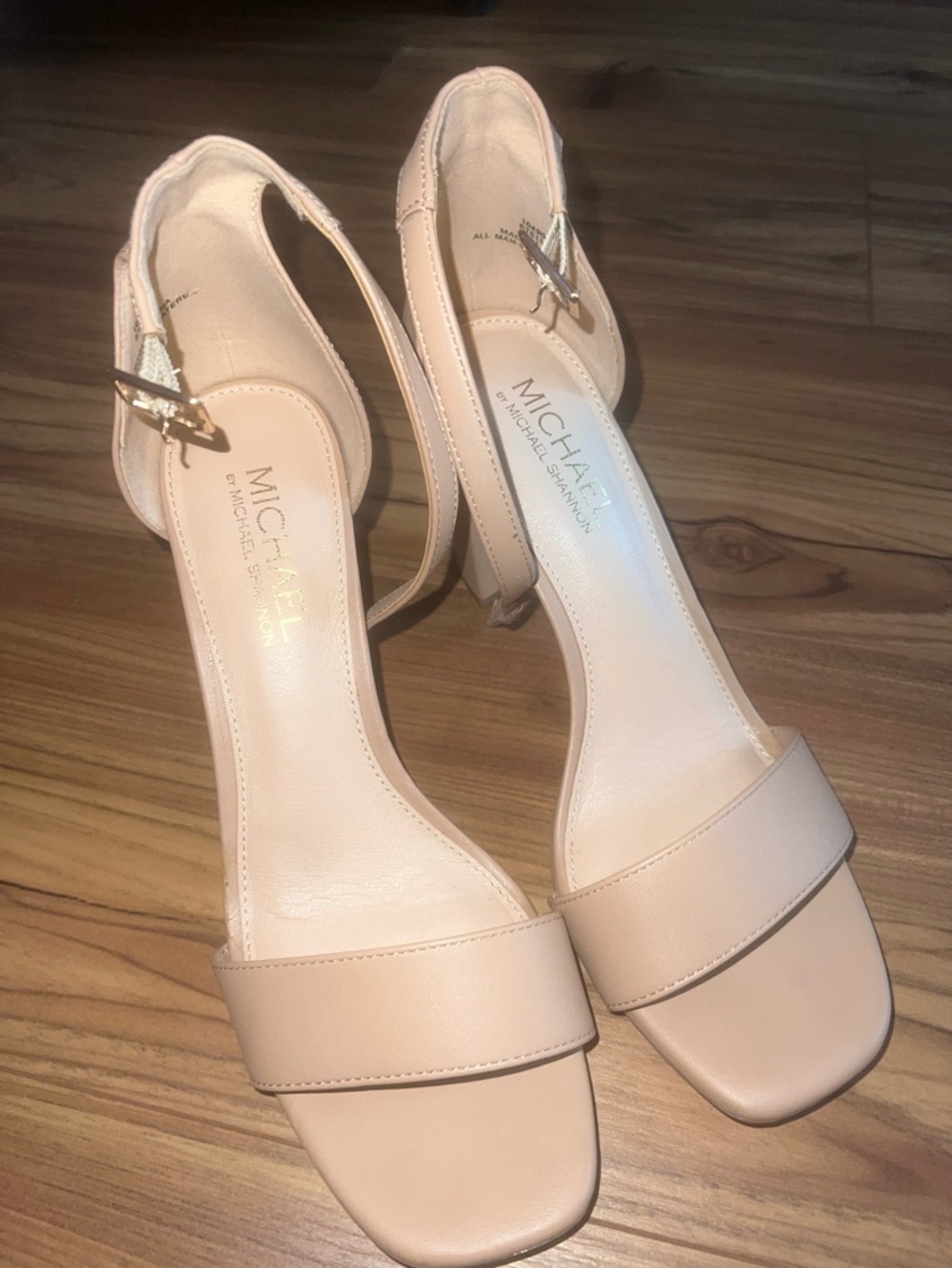 MICHAEL Shannon Blush Leather Open-Toe Ankle Strap Heels